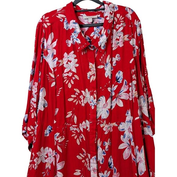 Woman Within Plus Size 34W Roll Tab Sleeve Crinkle Floral Red Shirt Dress Flowy - Picture 2 of 16